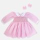 Pink & White long sleeves Check Hand Smocked Baby Girl Dress With Matching Hair Clips / Hair Band