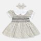 Creamy White Black Polka Dots Hand Smocked Baby Girl Dress With Matching Hair Clips / Hair Band