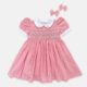 Pink and white check Hand Smocked Baby Girl Dress With Matching Hair Clips / Hair Band