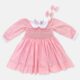 Pink long sleeves  Hand Smocked Baby Girl Dress With Matching Hair Clips / Hair Band
