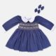 Dark Blue Long Sleeves Hand Smocked Baby Girl Dress With Matching Hair Clips / Hair Band