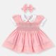 Light Pink Hand Smocked Baby Girl Dress With Matching Hair Clips / Hair Band