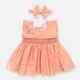 Peach Colour Hand Smocked Baby Girl Dress With Matching Hair Clips / Hair Band