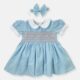Sky Blue Hand Smocked Baby Girl Dress With Matching Hair Clips / Hair Band