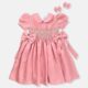 Peach Bridal Satin Hand Smocked Baby Girl Party Dress With Matching Hair Clips / Hair Band