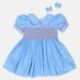 Sky Blue Hand Smocked  Baby Girl Dress With Matching Hair Clips / Hair Band