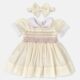 Creamy White Hand Smocked Baby Girl Dress With Matching Hair Clips / Hair Band