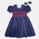 Navy Blue Hand Smocked Baby Girl Dress With Matching Hair Clips / Hair Band