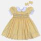 Baby Yellow And White Checked  Hand Smocked Baby Girl Dress With Matching Hair Clips / Hair Band