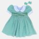 Green Check Hand Smocked Baby Girl Dress With Matching Hair Clips / Hair Band