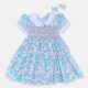 White, Blue & Pink Oval Design Hand Smocked Baby Girl Dress With Matching Hair Clips / Hair Band