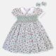 Light Blue Floral Hand Smocked Baby Girl Dress With Matching Hair Clips / Hair Band