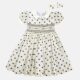 Creamy White Black Dots Hand Smocked Baby Girl Dress With Matching Hair Clips / Hair Band