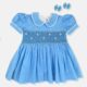 Maya Blue Hand Smocked Baby Girl Dress With Matching Hair Clips / Hair Band
